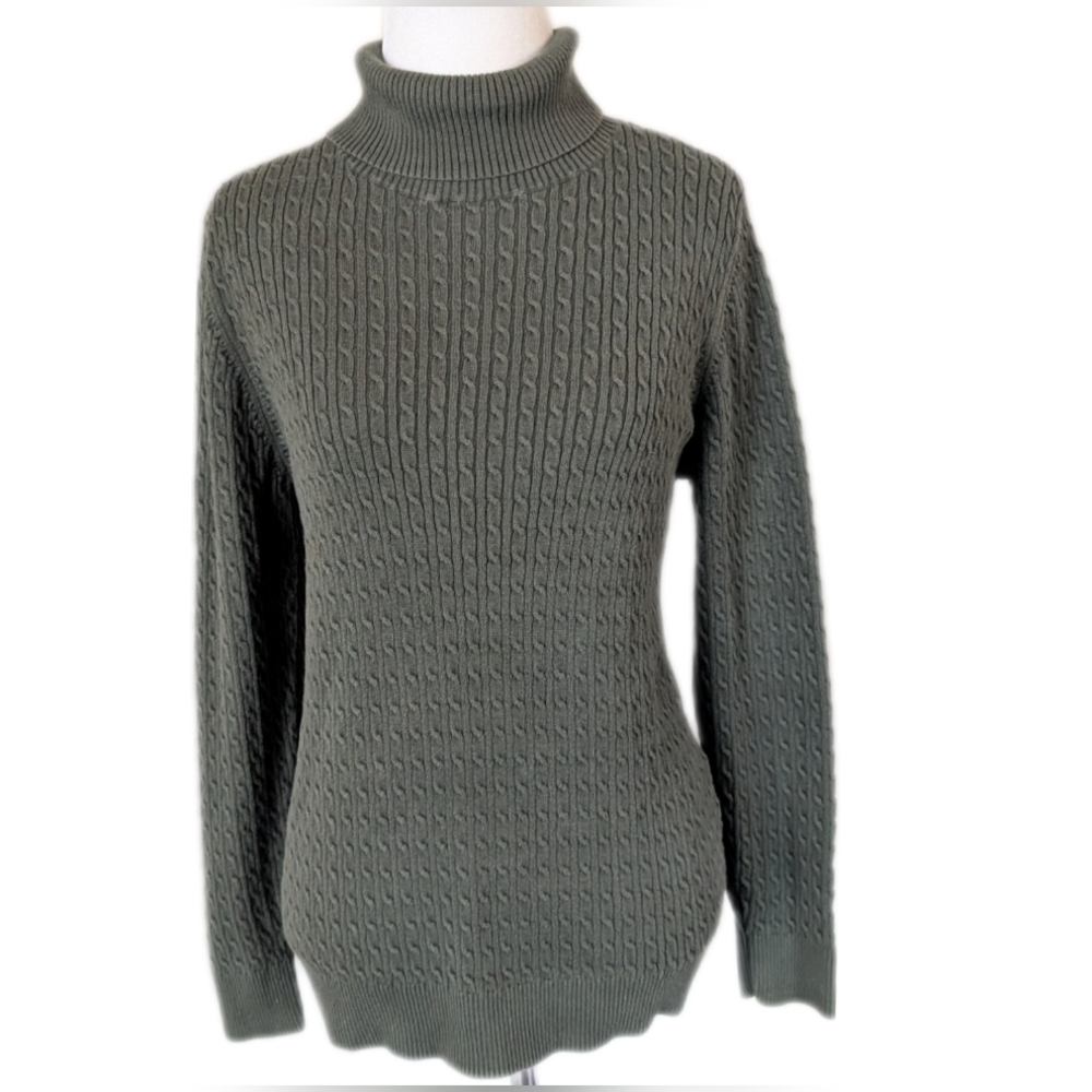 Vintage Lands End Turtleneck Sweater Large Green Cable Knit Cotton Pullover